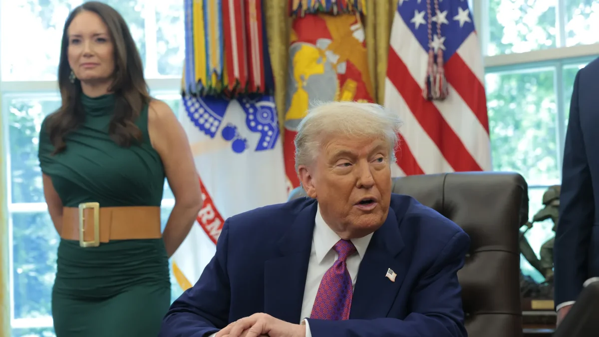 U.S. Agriculture Secretary Brooke Rollins and President Donald Trump in the Oval Office on June 10, 2025.